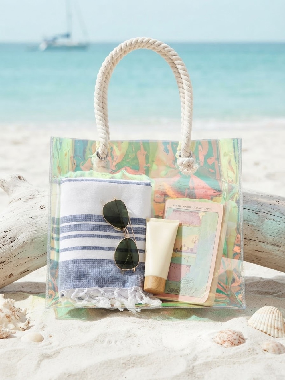 Holographic Iridescent Clear Beach Tote Bag Rope Handles Summer Vacation NWOT
